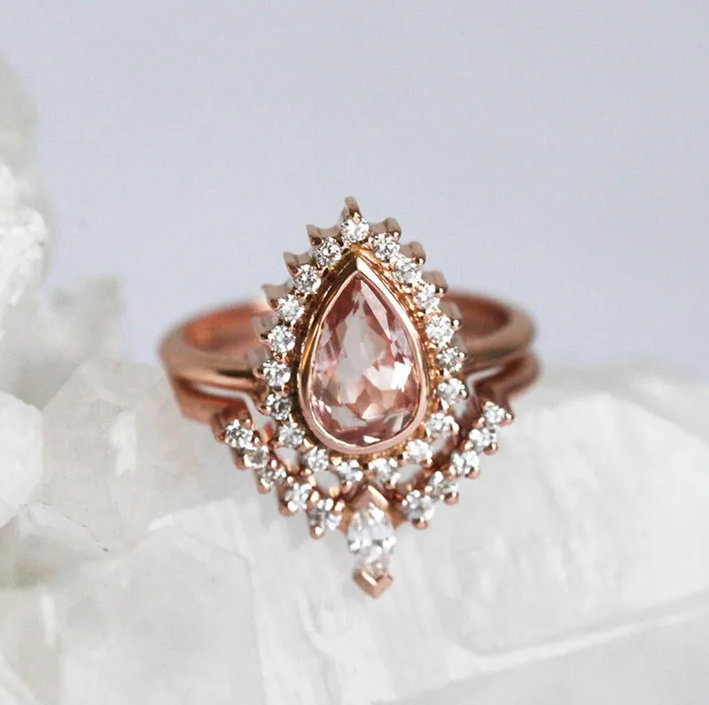 BEVERLY PEAR MORGANITE AND DIAMOND RING SET view 6
