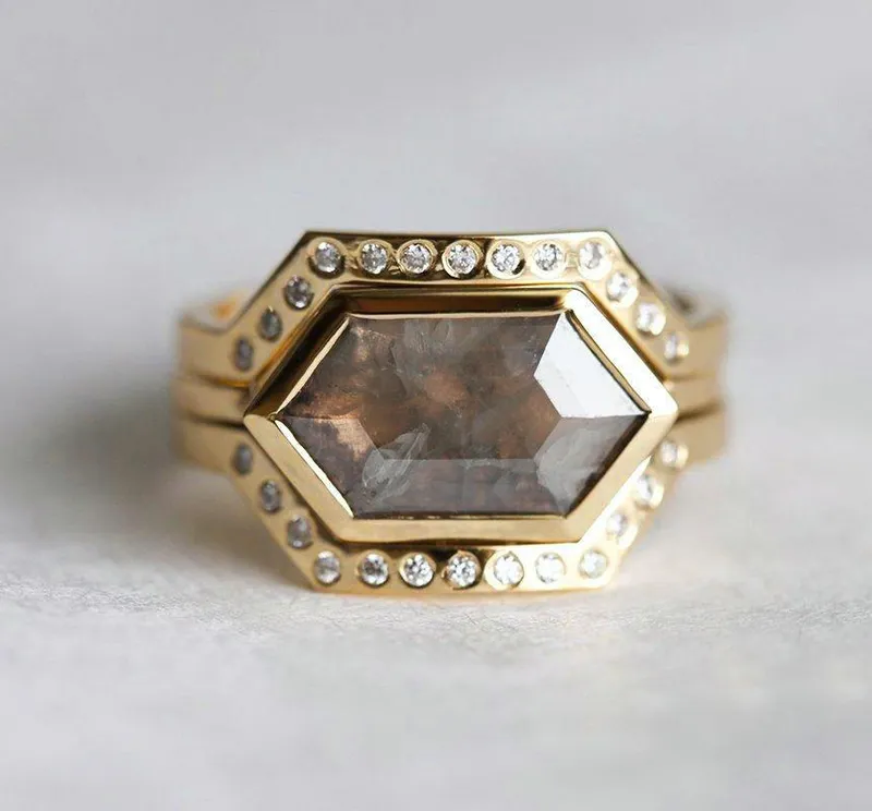 Bianca Hexagon Salt & Pepper Diamond Ring Set view 11