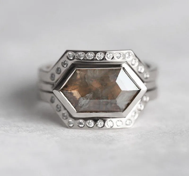 Bianca Hexagon Salt & Pepper Diamond Ring Set view 12