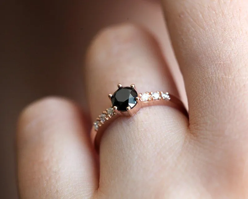 Black Diamond Ring, Rose Gold Ring diamond round cut engagement ring