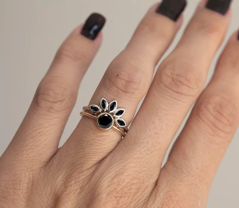 Black Engagement Ring, Black Diamond Wedding Set diamond round cut engagement ring