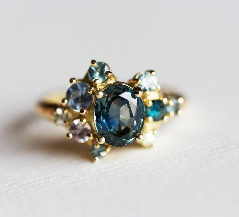 Blaine Teal Sapphire Cluster Ring blue sapphire oval cut engagement ring