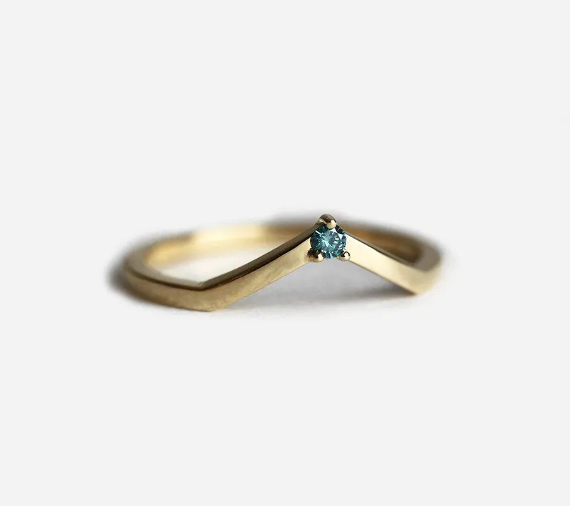 Blue Diamond Nesting V-Shaped Band blue diamond round cut engagement ring
