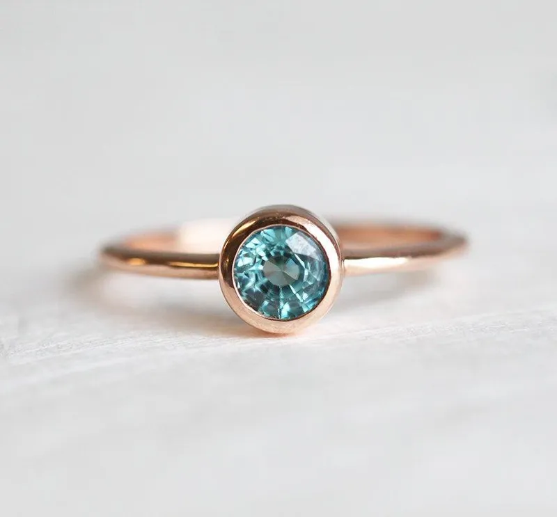 Blue Zircon Ring, Rose Gold Band vy 2