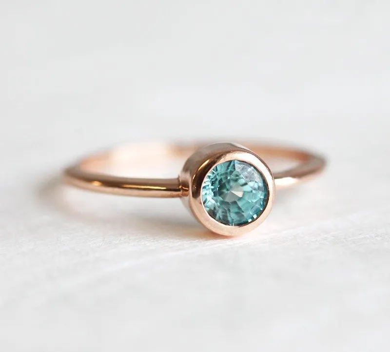 Blue Zircon Ring, Rose Gold Band blue round cut engagement ring