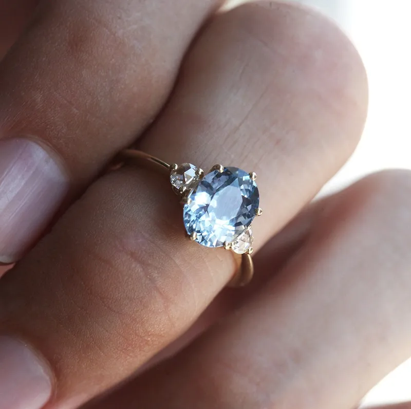 Bluish Sapphire Engagement Ring, Three Stone Sapphire Ring, Oval Sapphire Ring, Blue Engagement Ring vy 2