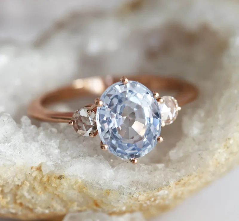 Bluish Sapphire Engagement Ring, Three Stone Sapphire Ring, Oval Sapphire Ring, Blue Engagement Ring vy 5