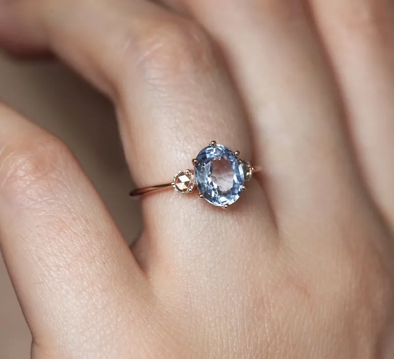Bluish Sapphire Engagement Ring, Three Stone Sapphire Ring, Oval Sapphire Ring, Blue Engagement Ring vy 6