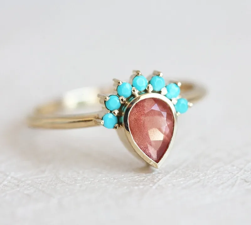 Bohemian Oregon Sunstone Ring With Turquoise Accents vy 3