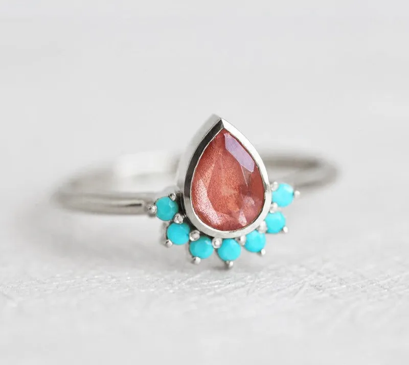 Bohemian Oregon Sunstone Ring With Turquoise Accents vy 5