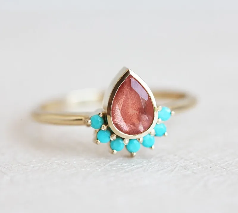 Bohemian Oregon Sunstone Ring With Turquoise Accents pear cut engagement ring