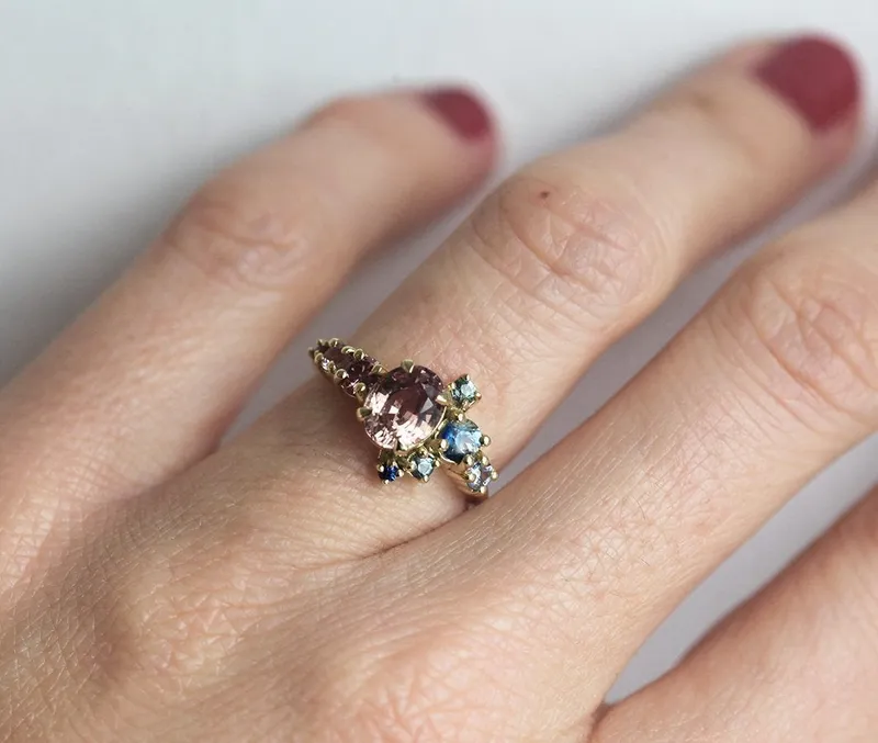 Brenda Peach Sapphire Cluster Ring view 2