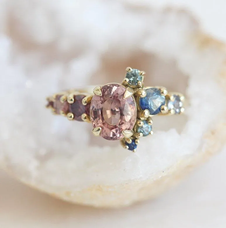 Brenda Peach Sapphire Cluster Ring peach sapphire oval cut engagement ring