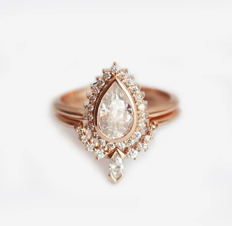 BRIDAL SET: PEAR DIAMOND RING WITH HALO & DIAMOND CROWN BAND diamond pear cut engagement ring