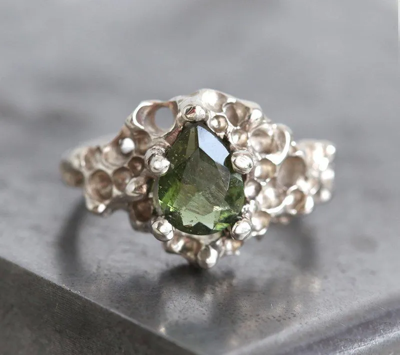 CERES CRYSTAL RING, METEORITE RING green pear cut engagement ring