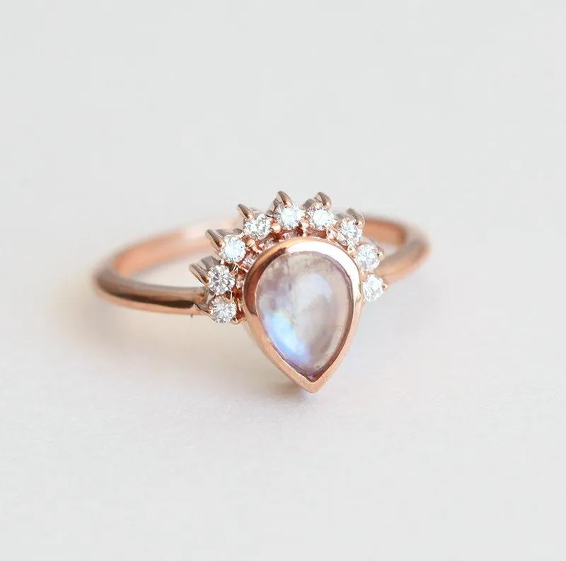 Cabochon Moonstone Engagement Ring With Diamond Crown view 2