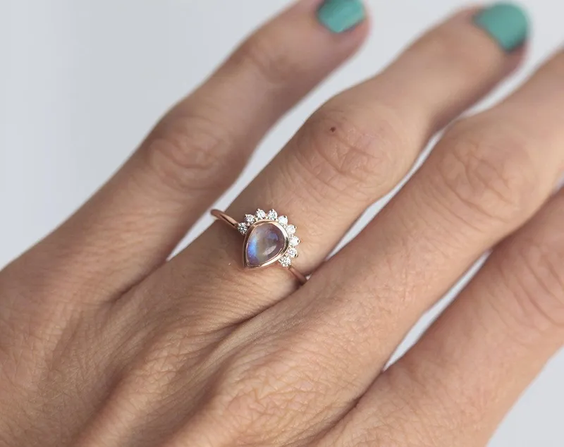 Cabochon Moonstone Engagement Ring With Diamond Crown view 3