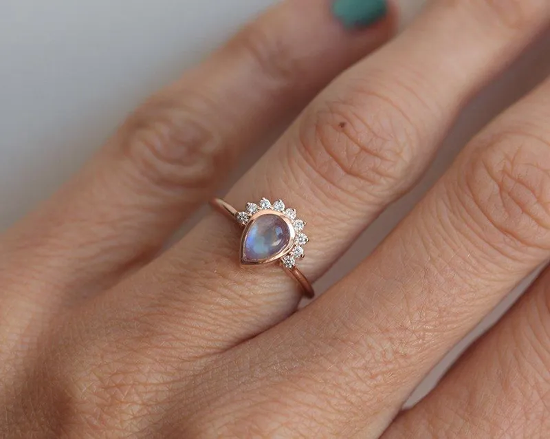 Cabochon Moonstone Engagement Ring With Diamond Crown view 5