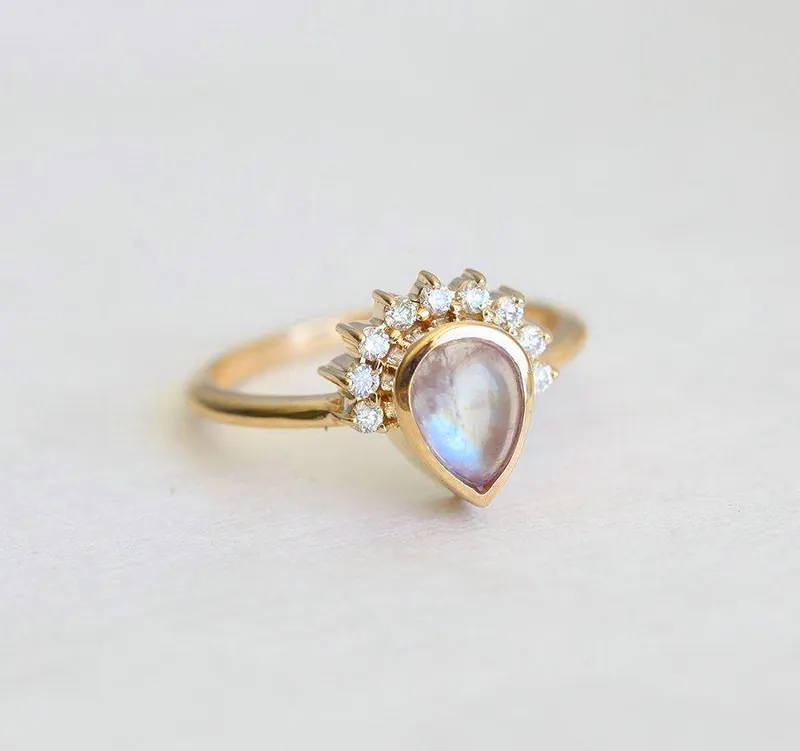 Cabochon Moonstone Engagement Ring With Diamond Crown view 6