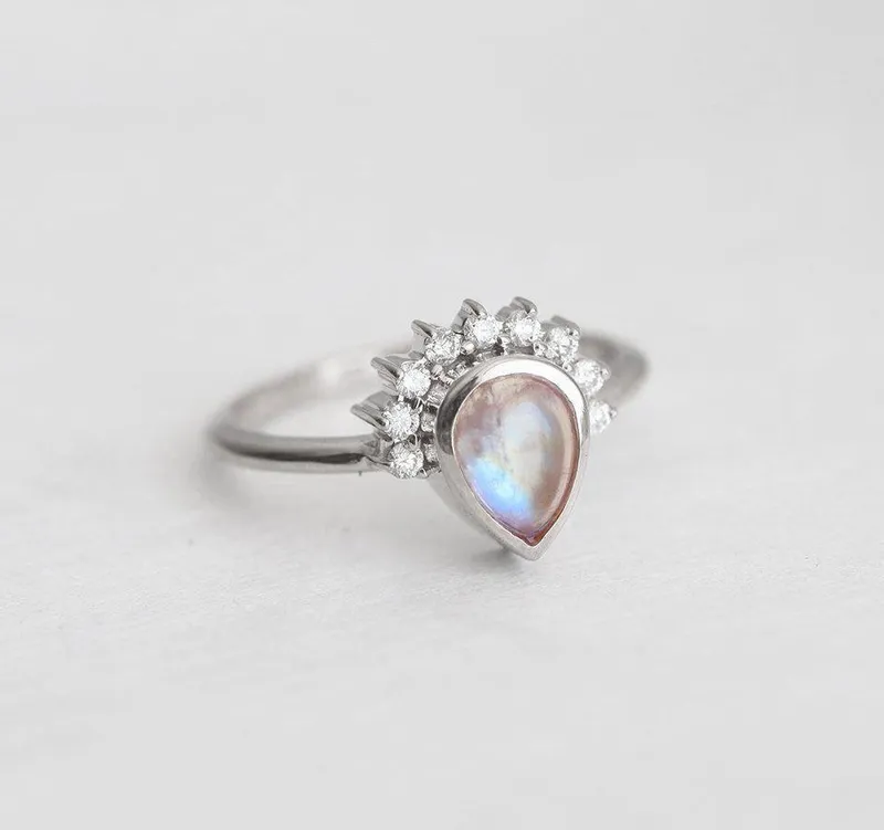 Cabochon Moonstone Engagement Ring With Diamond Crown view 7