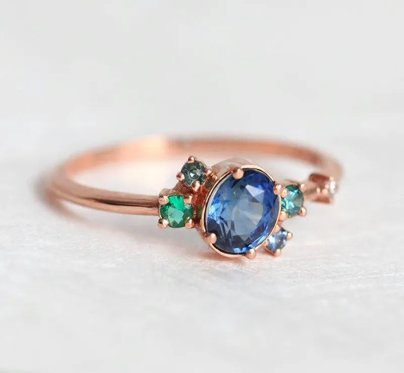 CAPELLA BLUE SAPPHIRE EMERALD DIAMOND CLUSTER RING view 6