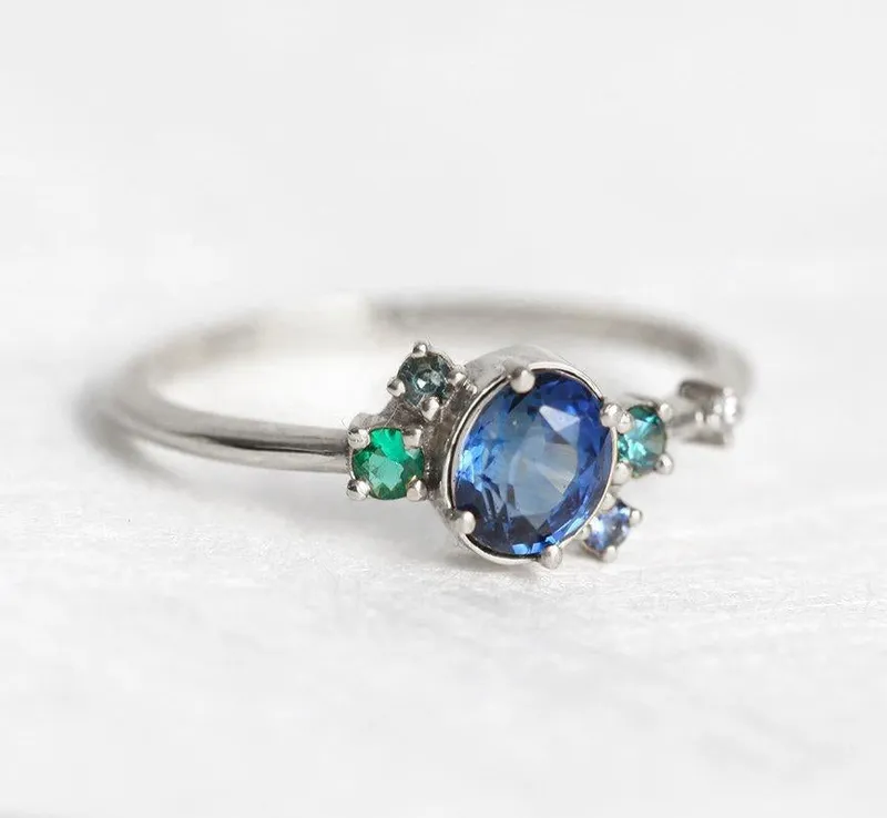CAPELLA BLUE SAPPHIRE EMERALD DIAMOND CLUSTER RING view 7