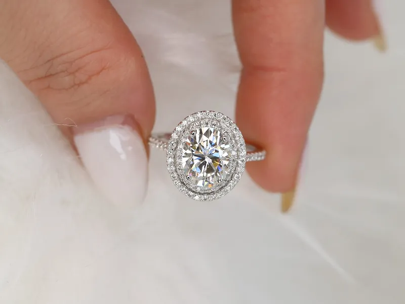 3ct Cara 10x8mm 14kt Gold Moissanite Diamonds Dainty Oval Double Halo Ring view 3