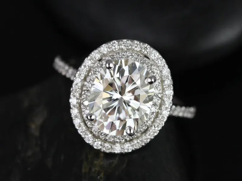 3ct Cara 10x8mm 14kt Gold Moissanite Diamonds Dainty Oval Double Halo Ring view 6