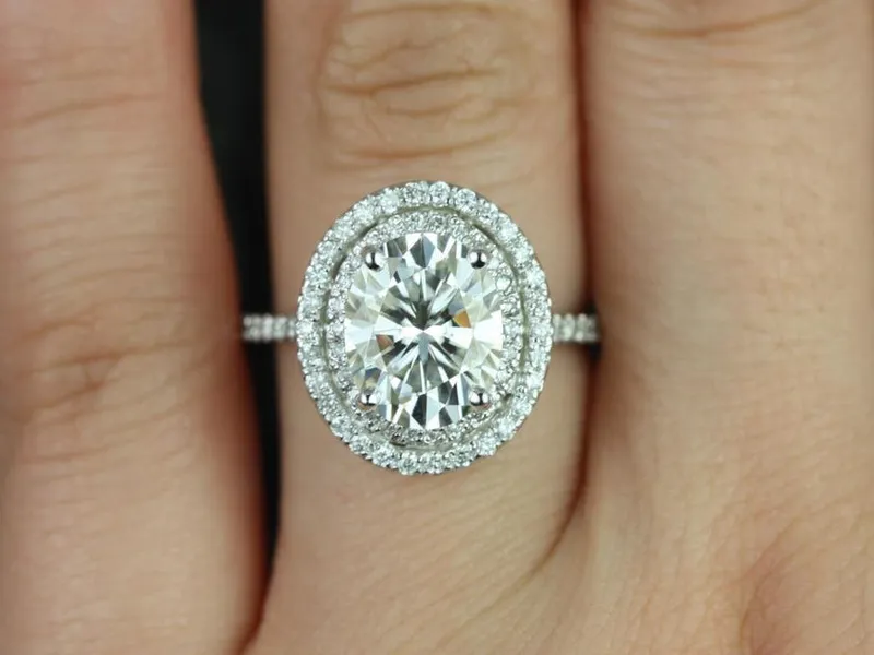 3ct Cara 10x8mm 14kt Gold Moissanite Diamonds Dainty Oval Double Halo Ring view 10