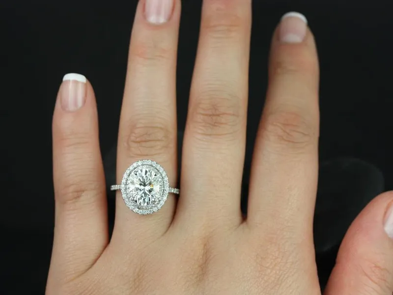 3ct Cara 10x8mm 14kt Gold Moissanite Diamonds Dainty Oval Double Halo Ring view 9