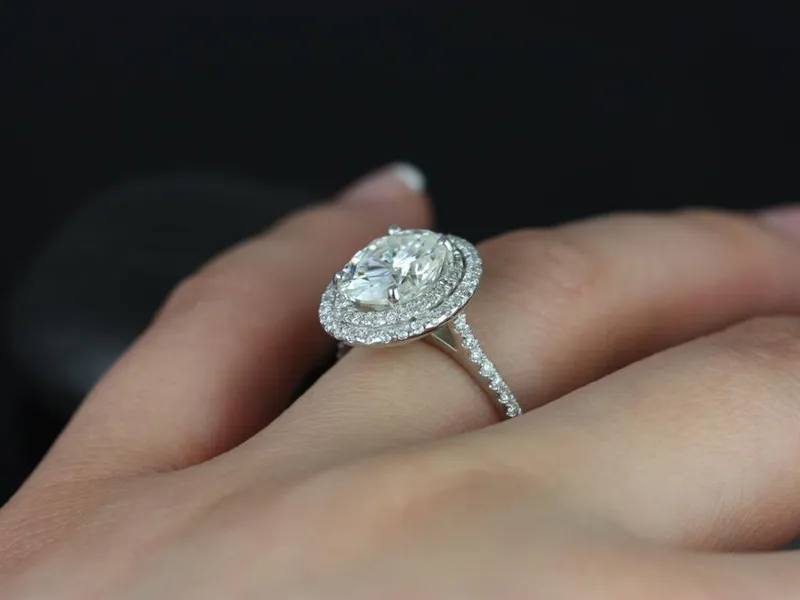 3ct Cara 10x8mm 14kt Gold Moissanite Diamonds Dainty Oval Double Halo Ring view 8