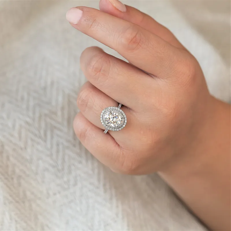 3ct Cara 10x8mm 14kt Gold Moissanite Diamonds Dainty Oval Double Halo Ring view 2