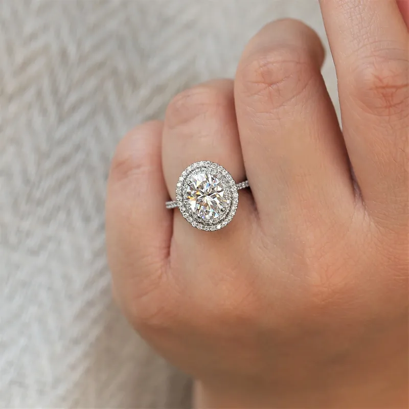 3ct Cara 10x8mm 14kt Gold Moissanite Diamonds Dainty Oval Double Halo Ring view 4
