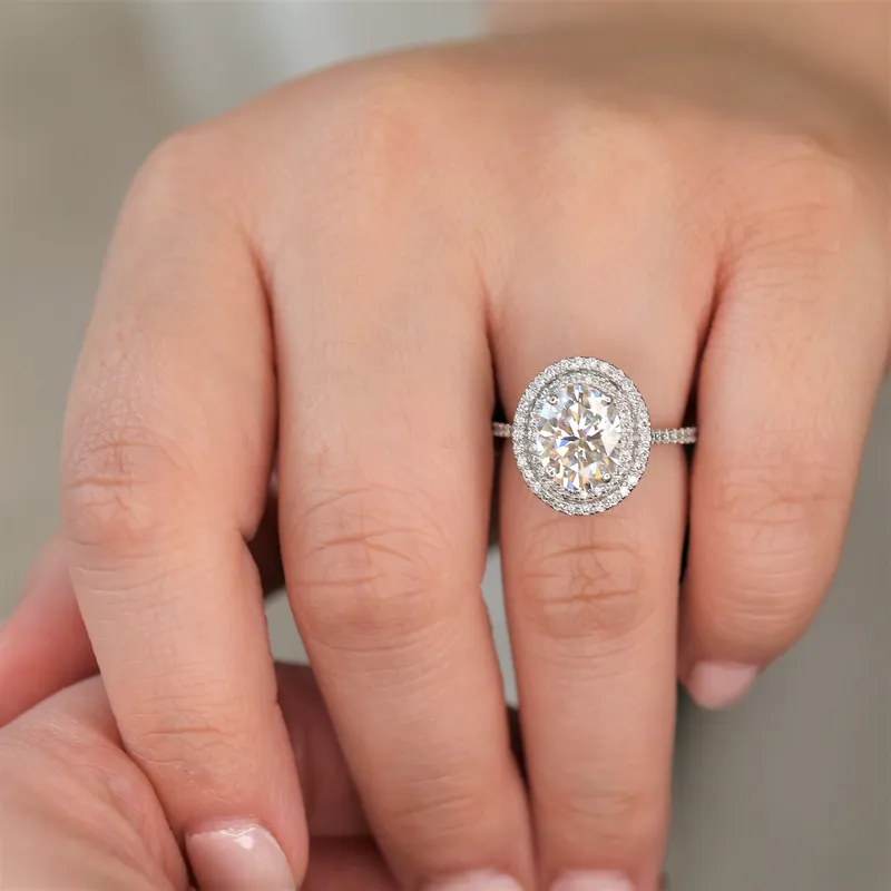 3ct Cara 10x8mm 14kt Gold Moissanite Diamonds Dainty Oval Double Halo Ring view 5