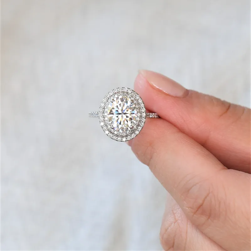 3ct Cara 10x8mm 14kt Gold Moissanite Diamonds Dainty Oval Double Halo Ring oval cut engagement ring