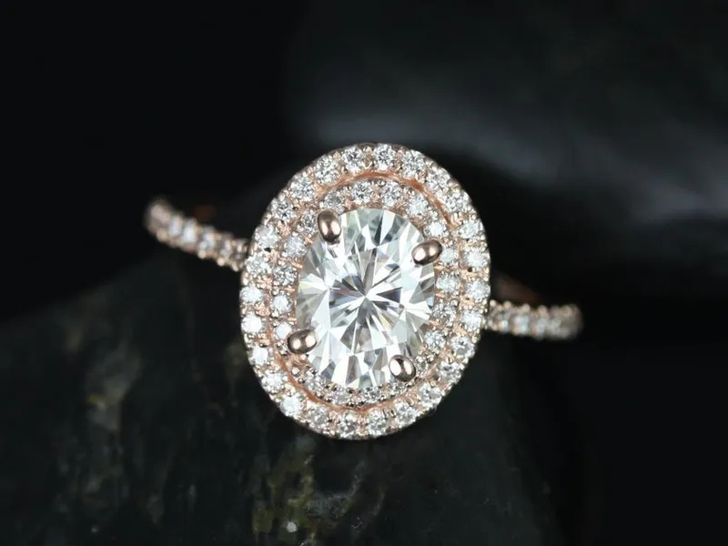 SALE 1.50ct Ready to Ship Cara 8x6mm 14kt GoldFB Moissanite Diamonds Double Halo Ring view 4
