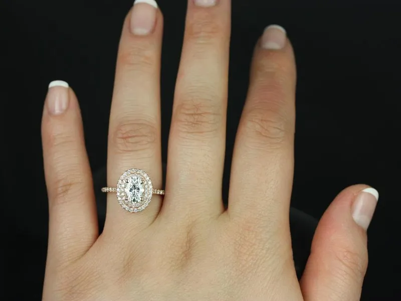 SALE 1.50ct Ready to Ship Cara 8x6mm 14kt GoldFB Moissanite Diamonds Double Halo Ring view 2