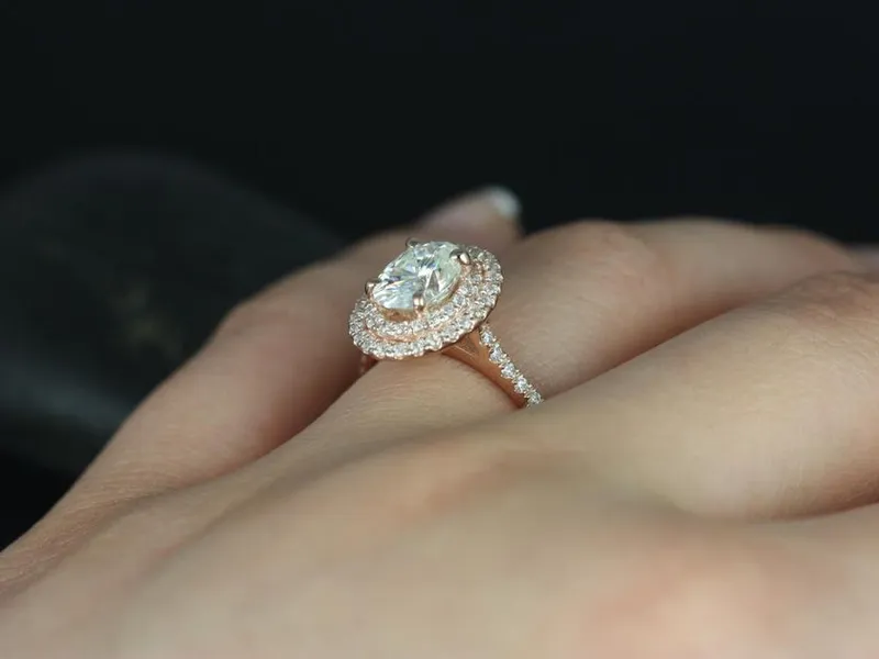 SALE 1.50ct Ready to Ship Cara 8x6mm 14kt GoldFB Moissanite Diamonds Double Halo Ring view 3