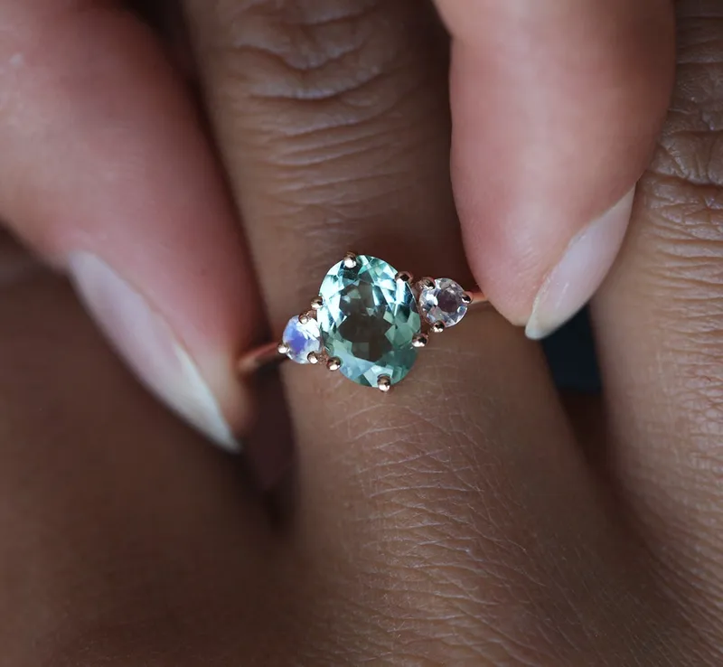 Catalina Mint Tourmaline Ring With Moonstones view 2