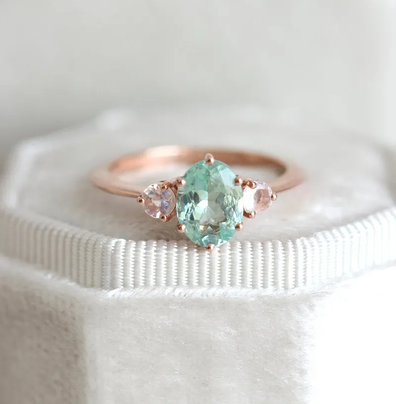 Catalina Mint Tourmaline Ring With Moonstones view 9