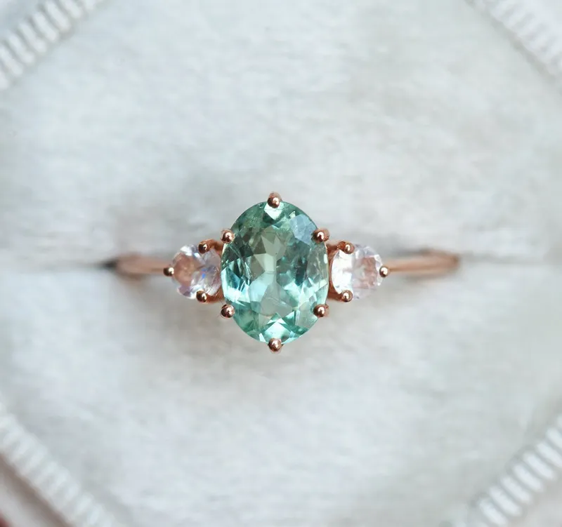 Catalina Mint Tourmaline Ring With Moonstones mint oval cut engagement ring