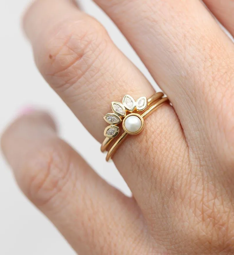 Celia Round Pearl Ring With Diamond Crown Band view 3