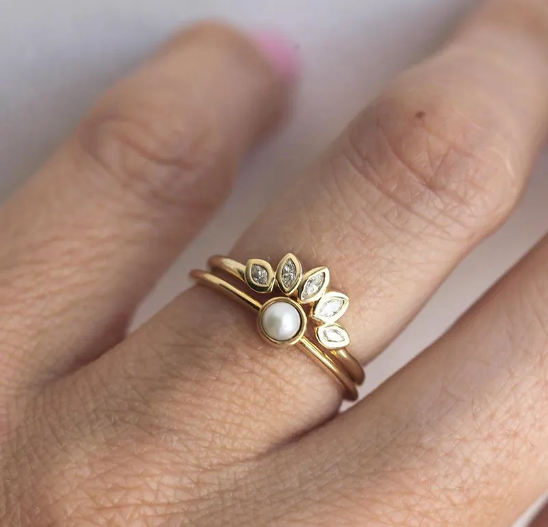 Celia Round Pearl Ring With Diamond Crown Band view 4
