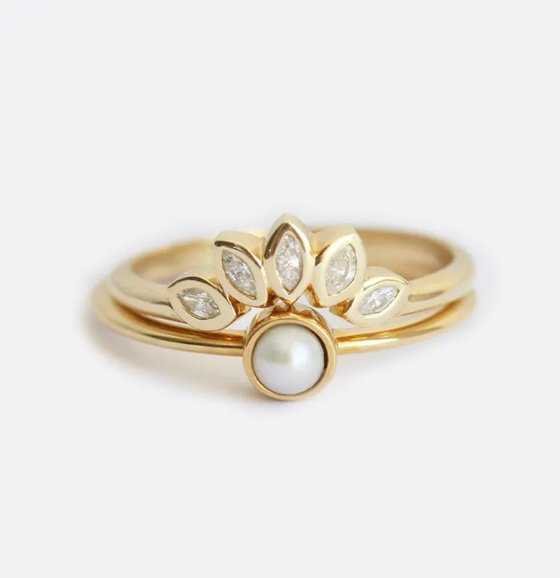 Celia Round Pearl Ring With Diamond Crown Band round cut engagement ring