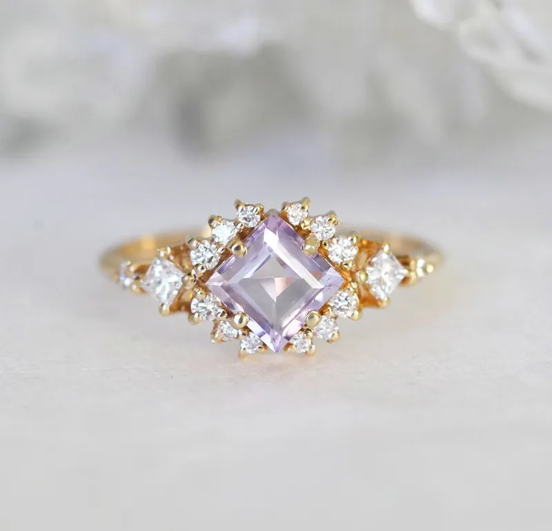 Chiara Square Cut Amethyst Diamond Cluster Ring vy 11