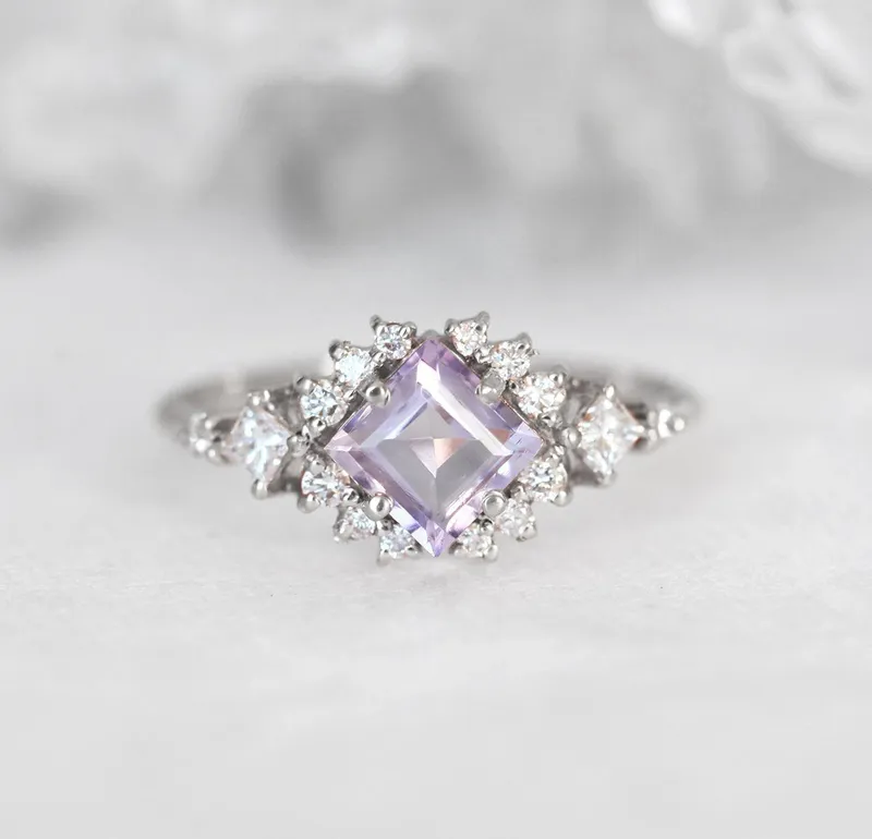Chiara Square Cut Amethyst Diamond Cluster Ring vy 12