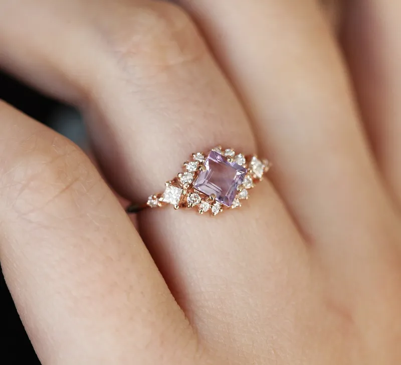 Chiara Square Cut Amethyst Diamond Cluster Ring vy 2