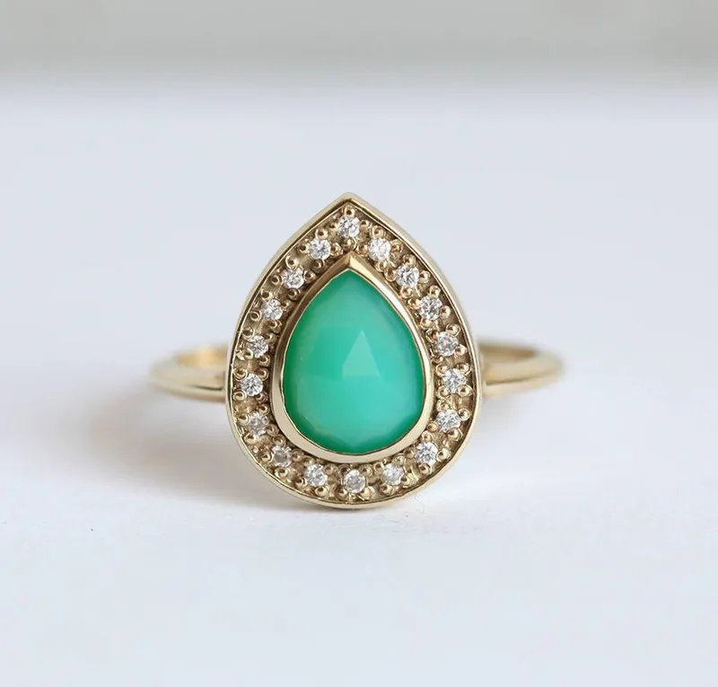 Chrysoprase Ring, Halo Diamond Ring vy 2