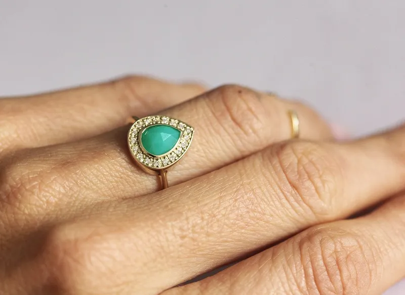 Chrysoprase Ring, Halo Diamond Ring vy 3