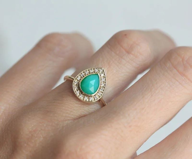 Chrysoprase Ring, Halo Diamond Ring vy 4